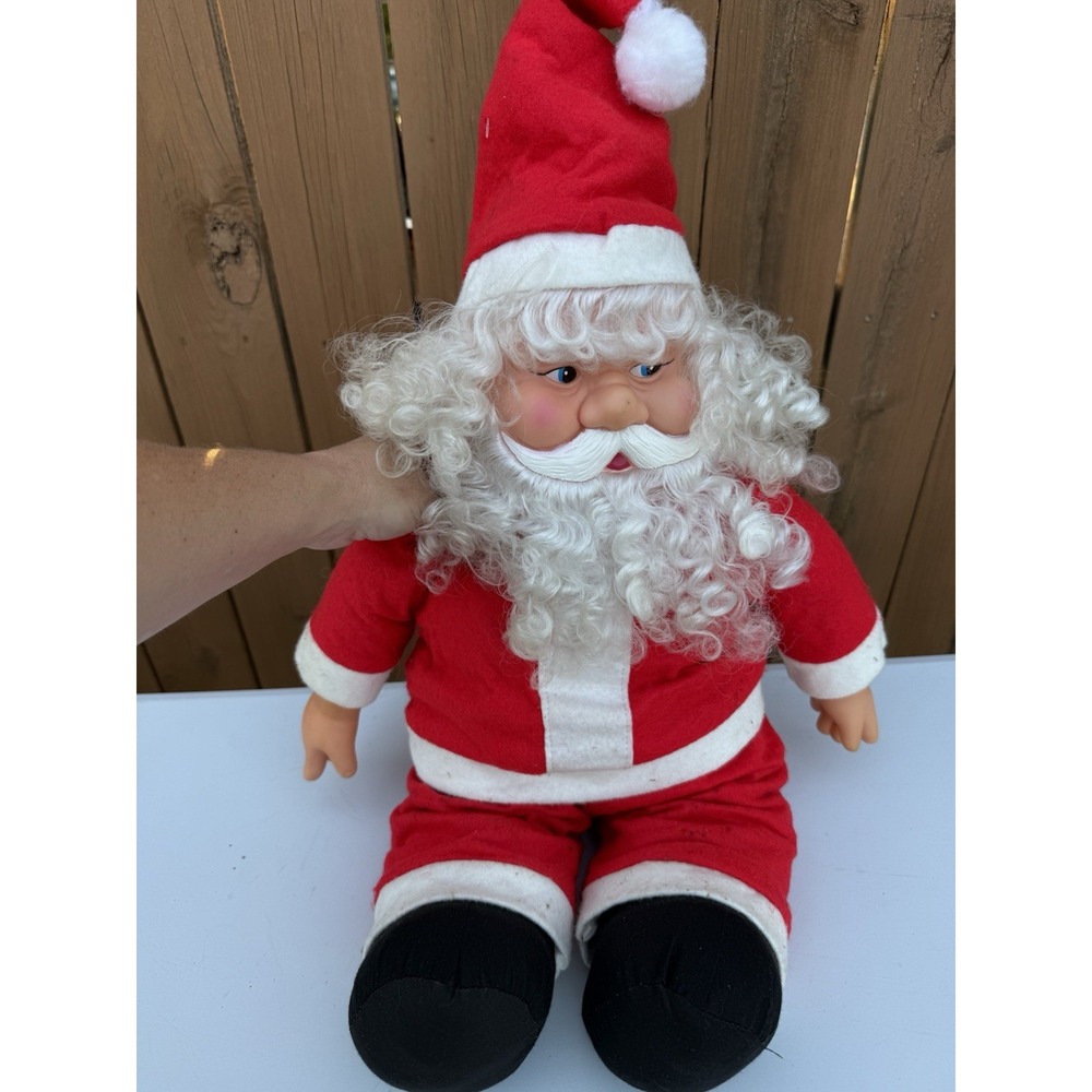 Vintage Jumbo Plush Jolly Santa Claus Doll Decor St Nick 1970s Plastic Face 27in